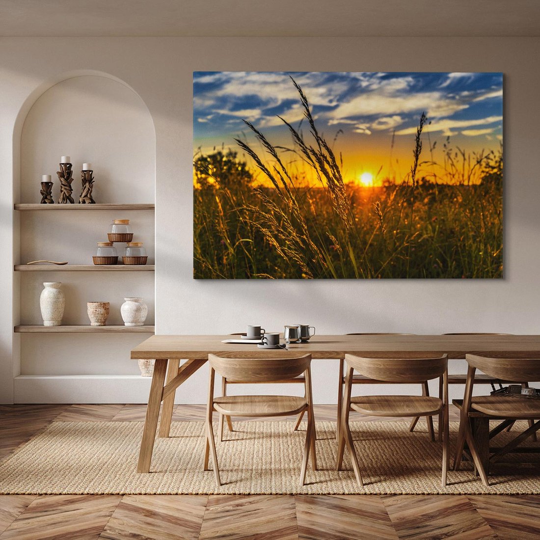 Obraz na płótnie 70x50 - "Zachód Słońca, Łąka - Magiczna Aura - zachód, słońca