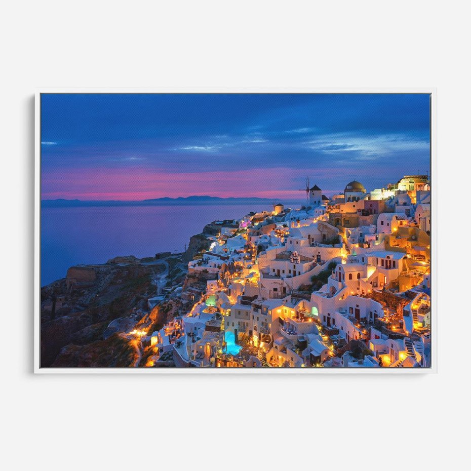 Obraz w ramie 70x50 - Wyblakłe wspomnienia gwiazd - Santorini, wieczór - rama biała