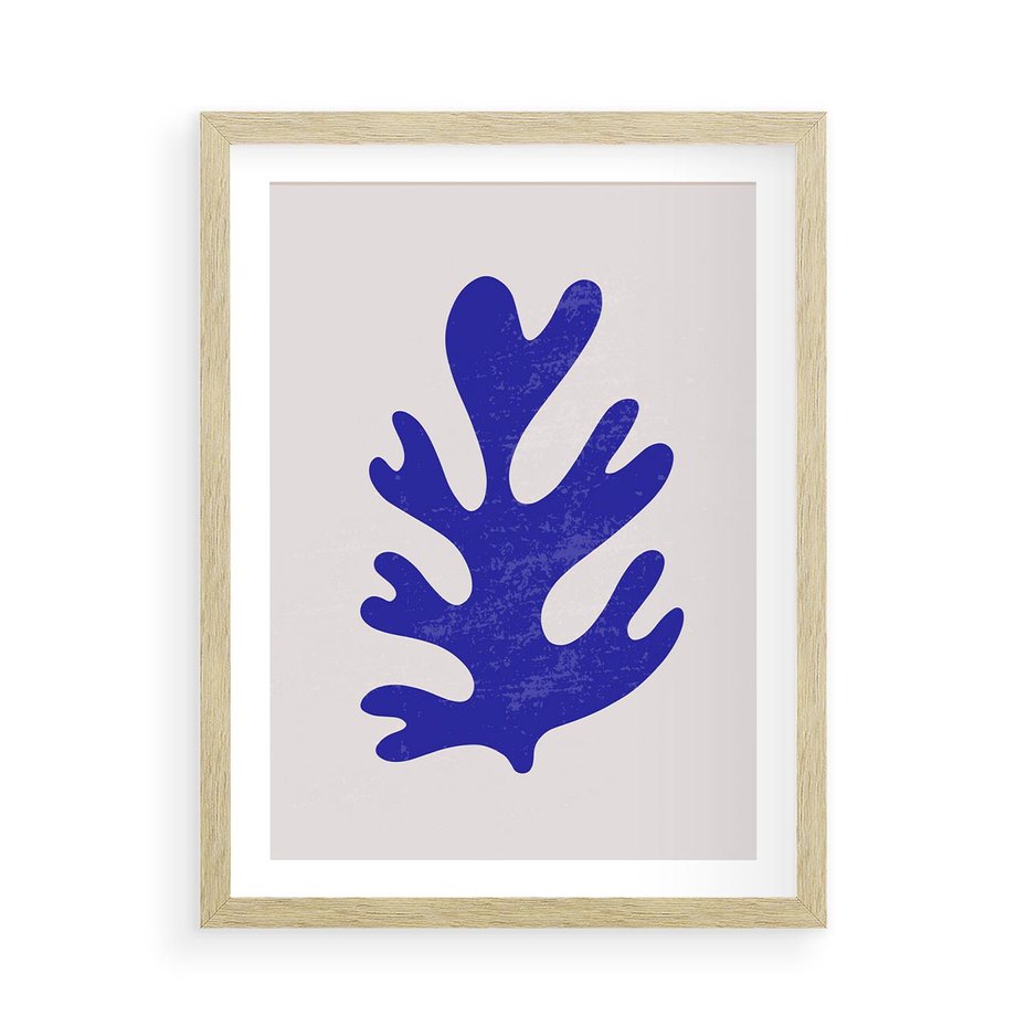 Plakat w ramie 50x70 - Przenikająca Struktura - boho plakat, niebieski liść w intensywnym kolorze - rama drewno