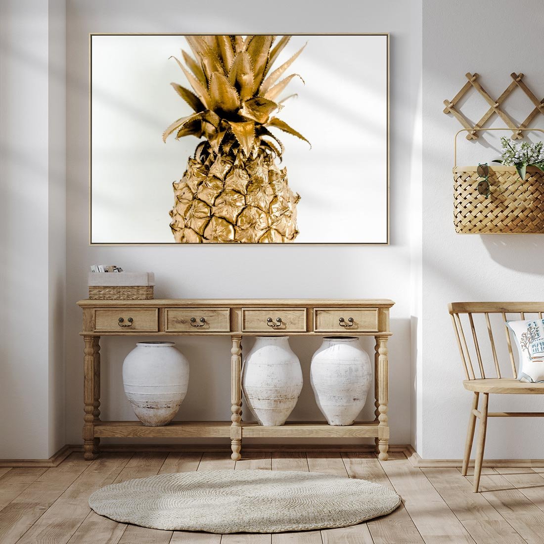 Obraz w ramie 70x50 - Ekskluzywny Akcent - złoty, ananas - rama drewno