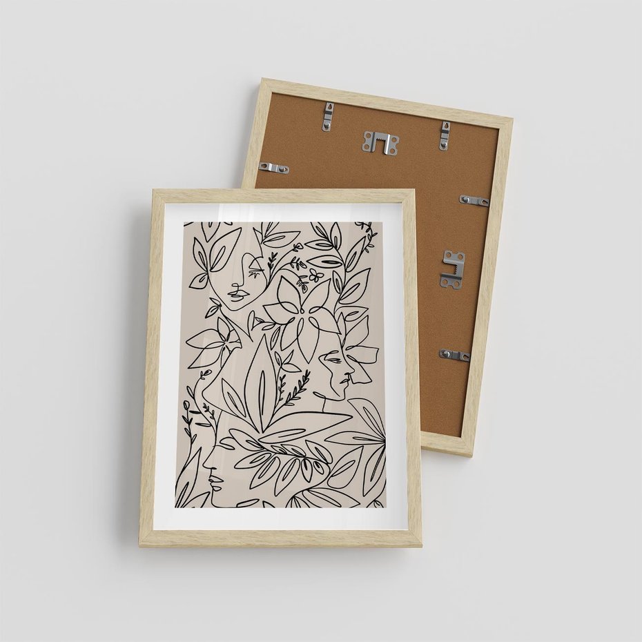 Plakat w ramie 30x40 - Kobiecy Portret Duszy - beżowe tło, czarny szkic nowoczesnych kwiatów - rama drewno