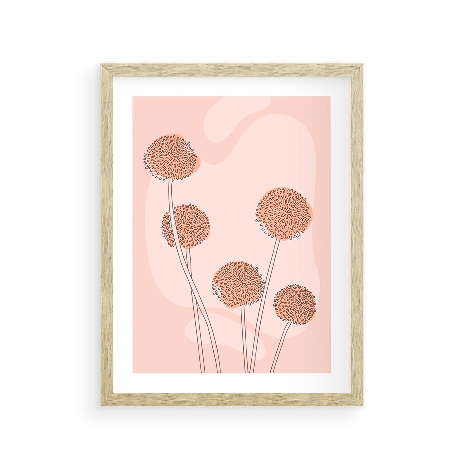 Plakat w ramie 30x40 - Rozkwitające Emocje - minimalistyczny plakat, pudrowe kwiaty - rama drewno