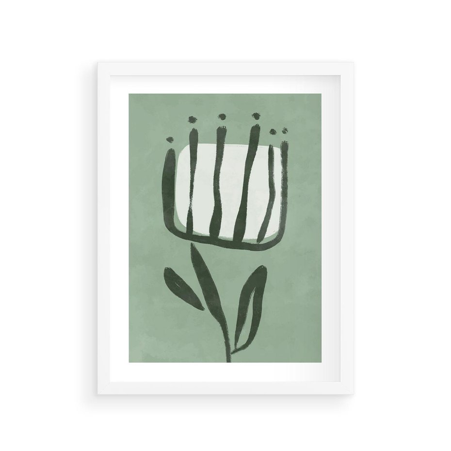 Plakat w ramie 30x40 - Objęcia Zieleni - zielona abstrakcja, zgaszona zieleń - rama biała