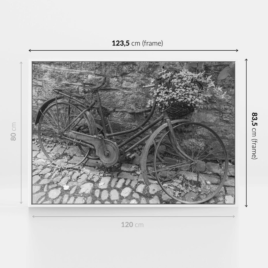 Obraz w ramie 120x80 - Zapomniany Urok - czarno biała fotografia, stary rower oparty o mur - rama biała