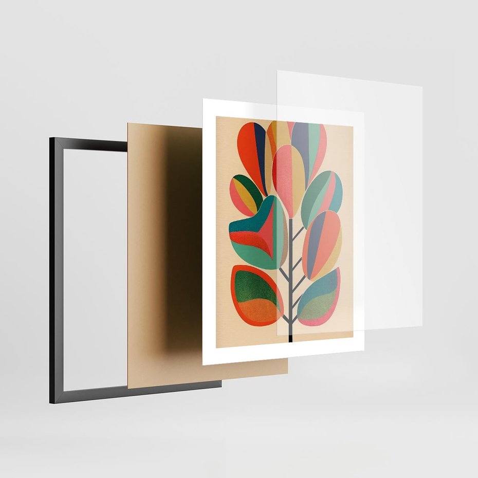 Plakat w ramie 40x50 - Wnętrza Kształtów - abstrakcyjny kolorowy tęczowy obraz, inspiracje roślinne - rama czarna