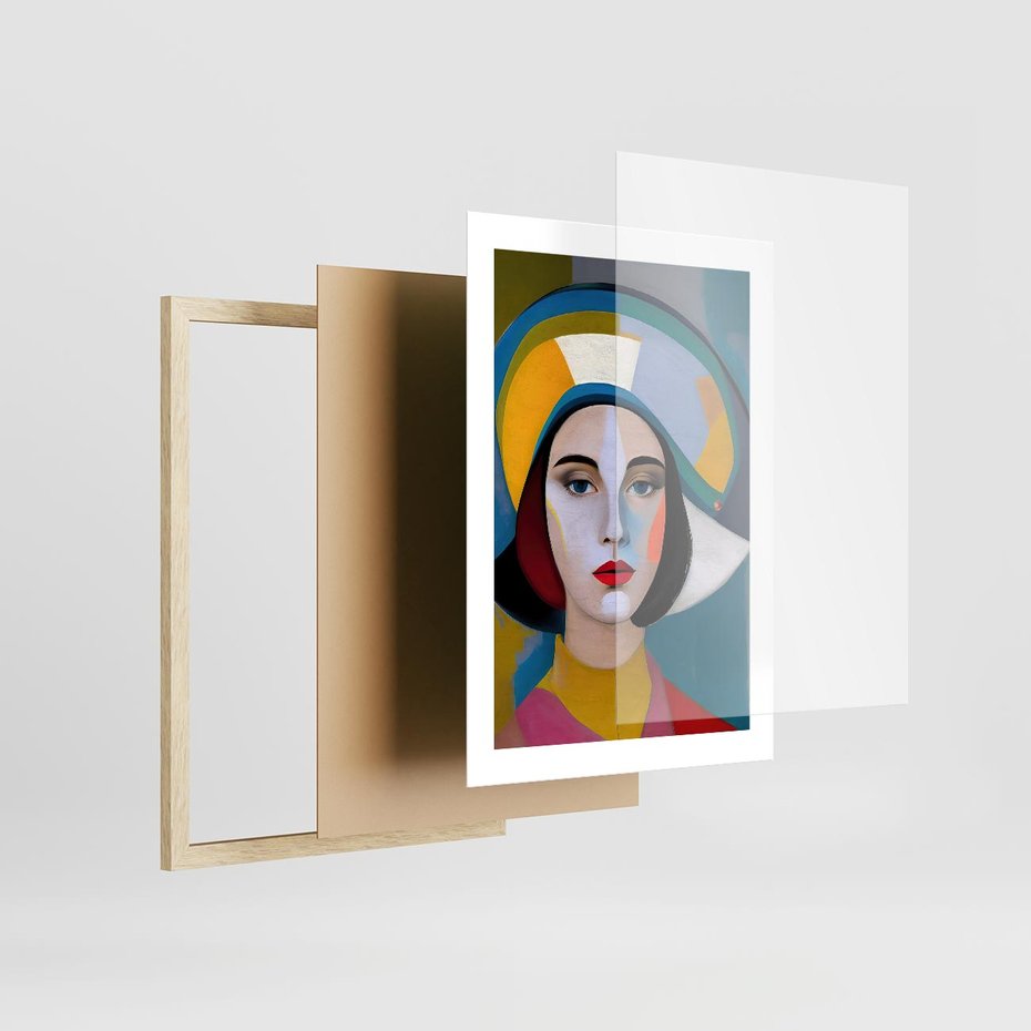 Plakat w ramie 30x40 - Kształtujące Widzenia - abstrakcyjny obraz olejny, portret twarzy kobiety - rama drewno