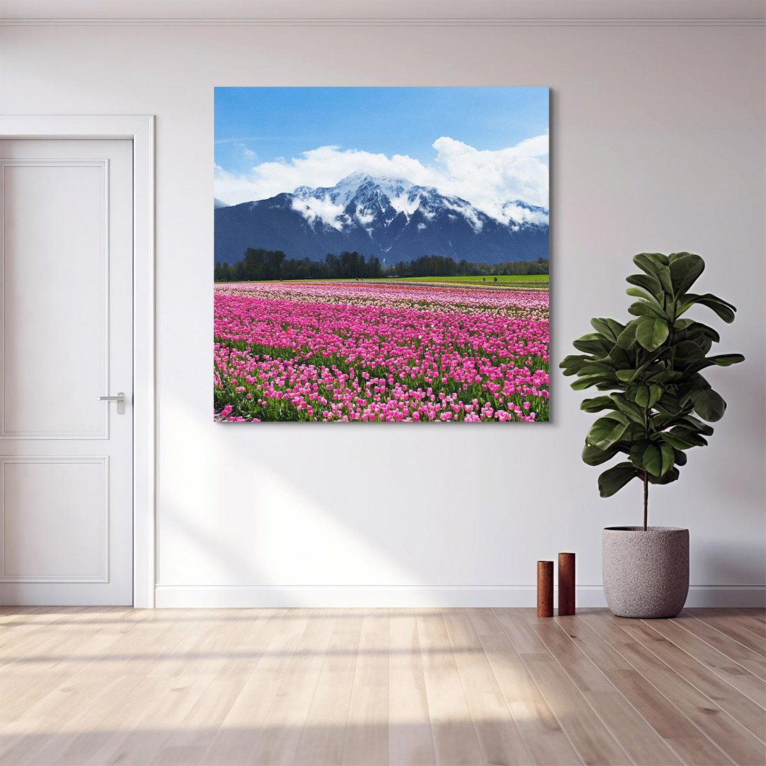Obraz na płótnie 50x50 - Tulipany w malowniczym krajobrazie" - tulipany, krajobraz