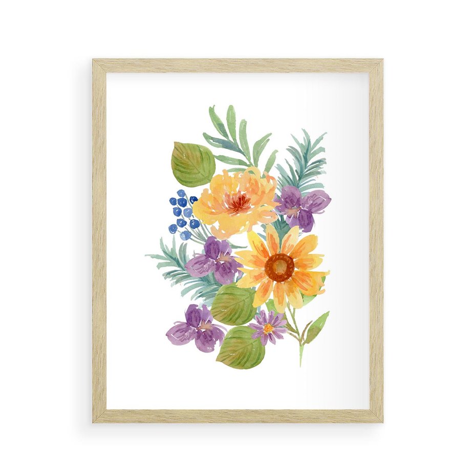 Plakat w ramie 40x50 - Kwiatowe Inspiracje - akwarelowe polne kwiaty, minimalistyczny plakat - rama drewno