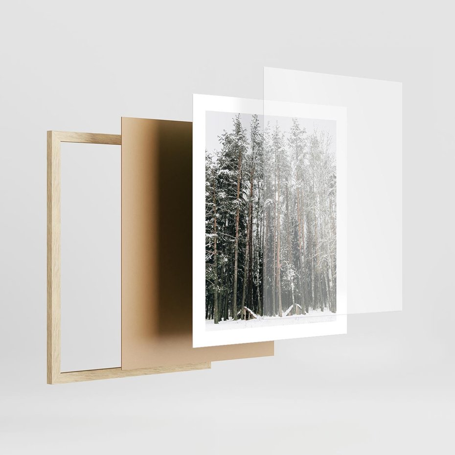 Plakat w ramie 40x50 - Sypiący Śnieg - las w zimie, drzewa pod śniegiem - rama drewno