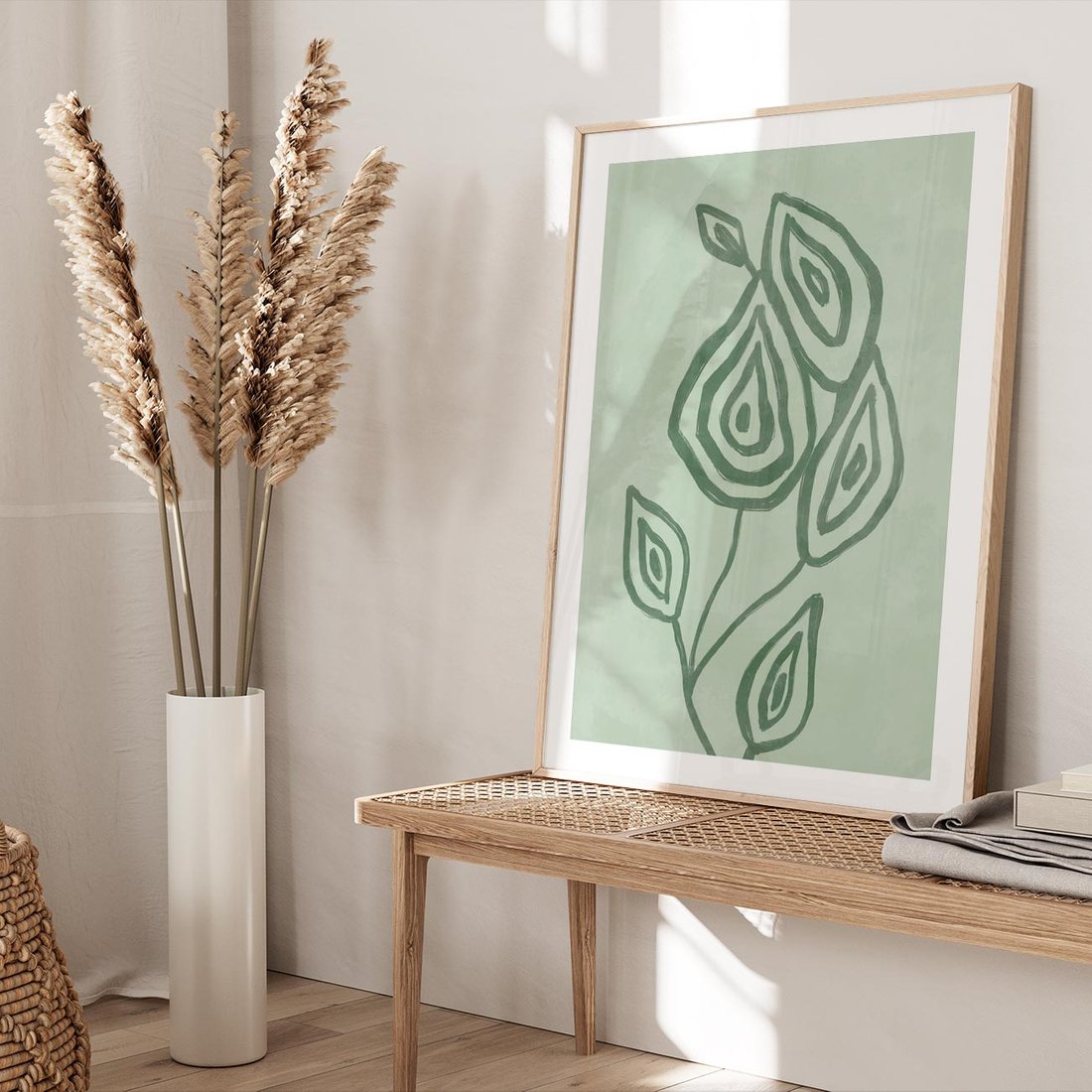 Plakat w ramie 30x40 - Szmaragdowy Oddech - abstrakcyjne delikatne zielone linie, podobne do gałęzi kwiatów - rama drewno
