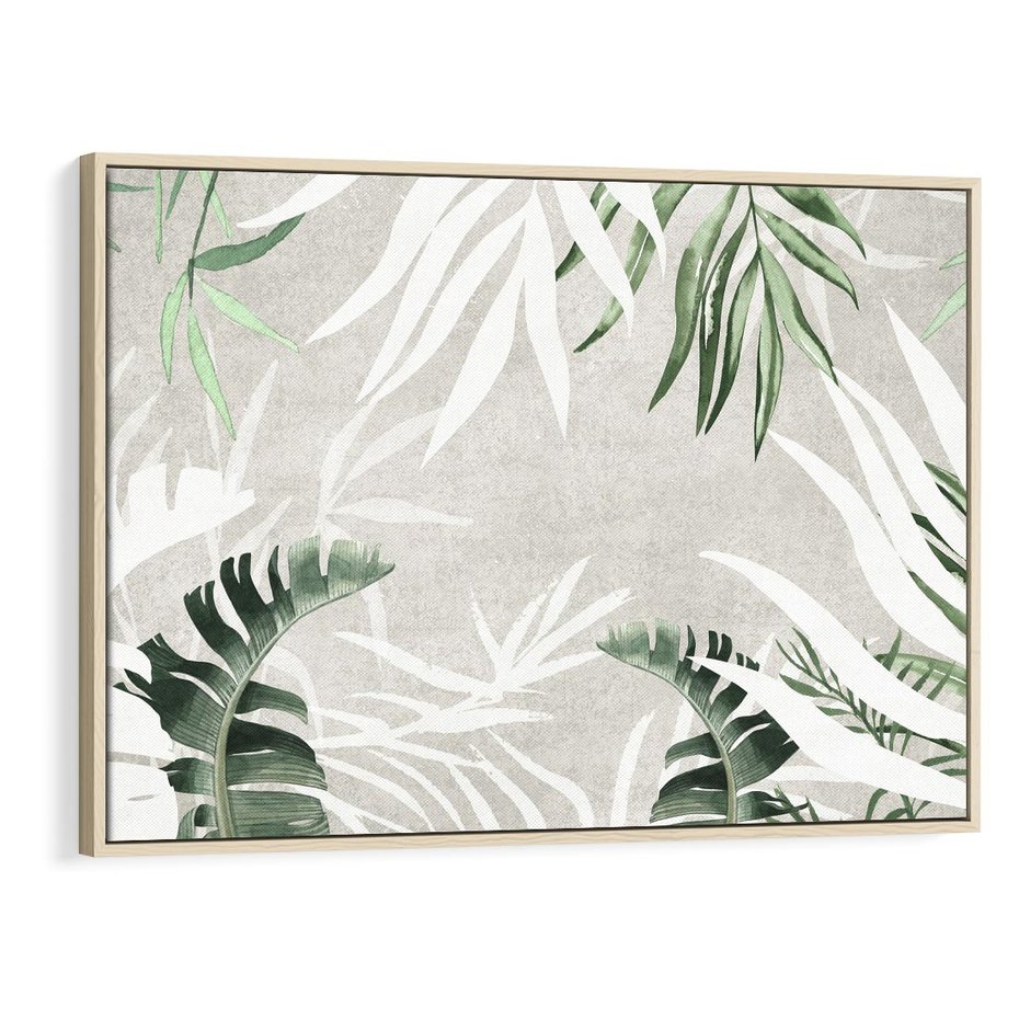 Obraz w ramie 70x50 - Zielony Raj - monstera, palmy - rama drewno