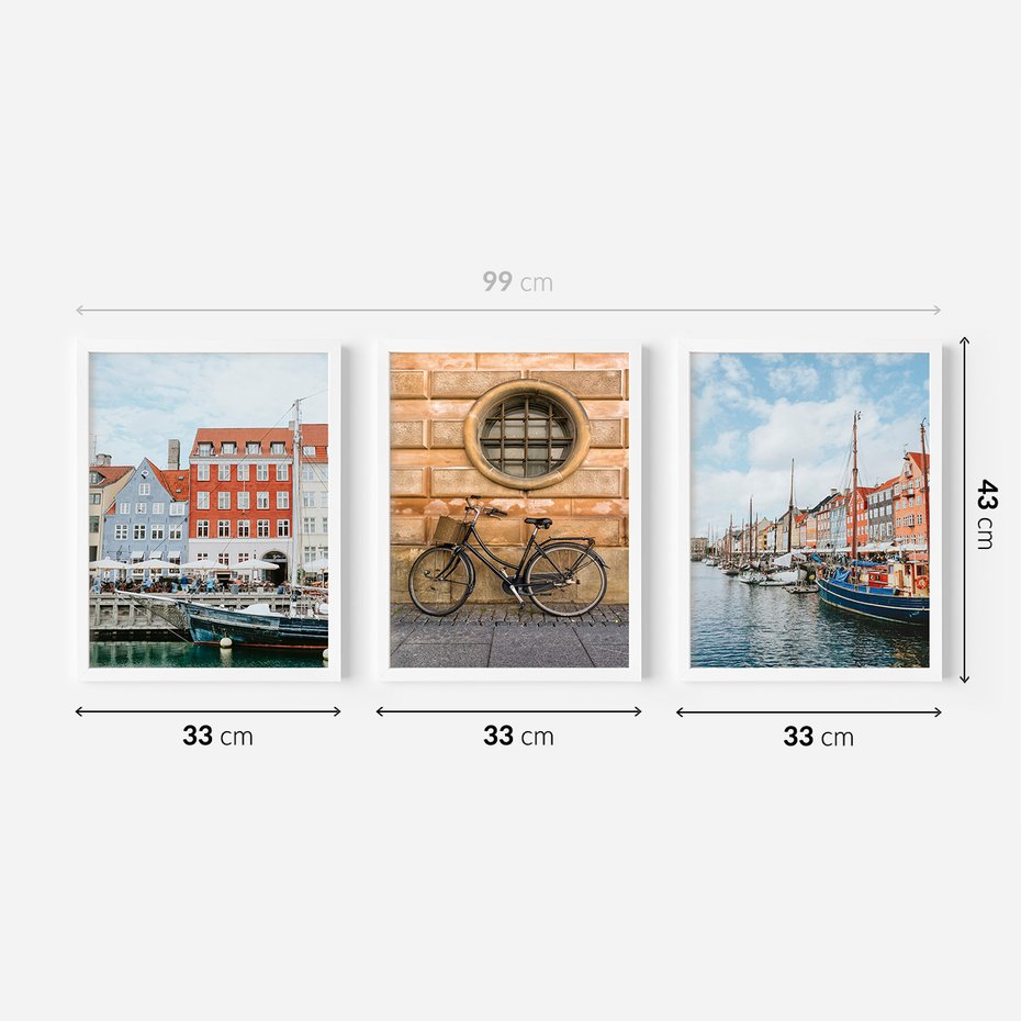 Zestaw obrazy w ramie 30x40 galeria - Kopenhaga, Holandia, rower, domki, port - rama biała