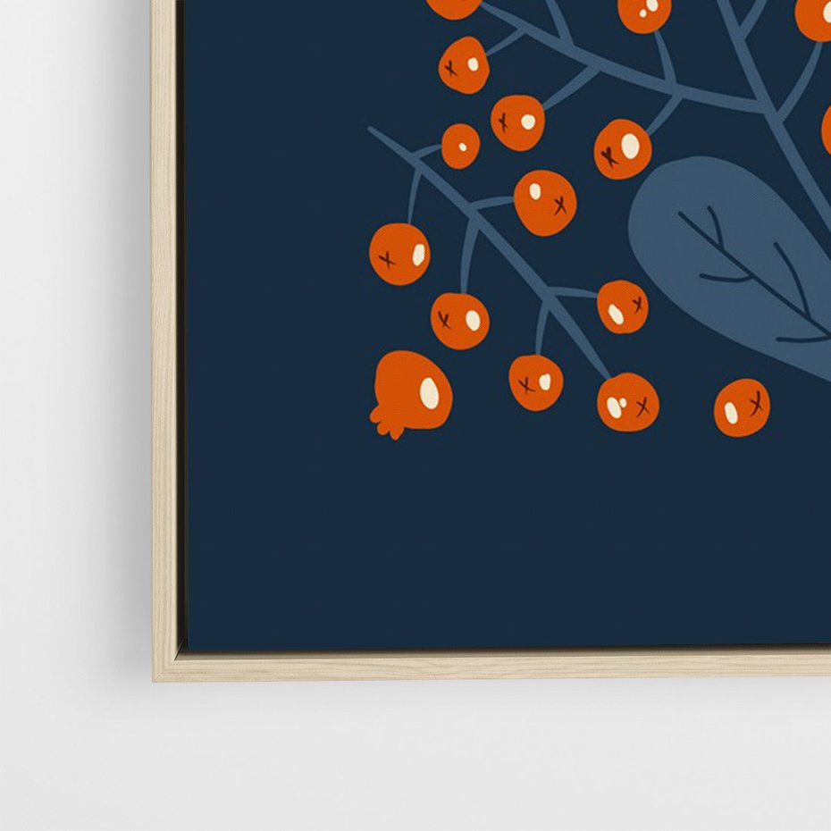 Obraz w ramie 50x70 - Symfonia liści i owoców - granatowe tło, pomarańczowe owoce jarzębiny - rama drewno