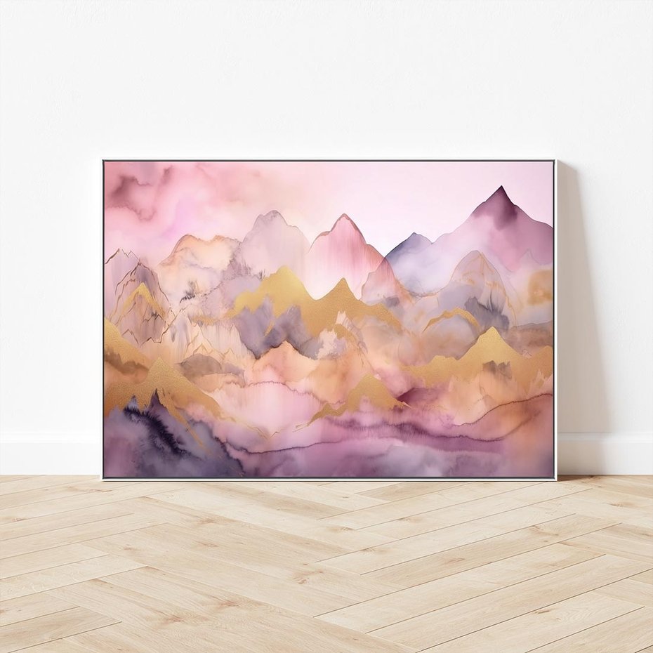 Obraz w ramie 70x50 - Pastelowe Wzgórza - pastelowe, różowe góry - rama biała