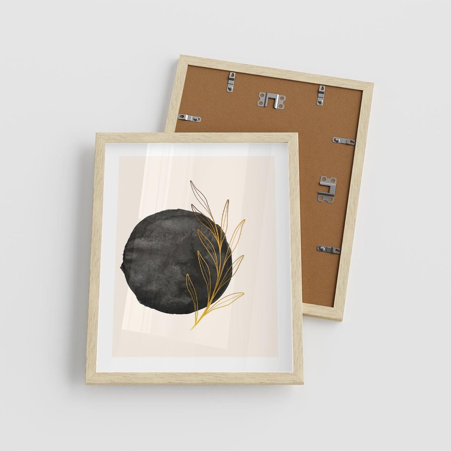 Plakat w ramie 40x50 - Kontrast Kształtów - minimalistyczna grafika, czarna plama - rama drewno