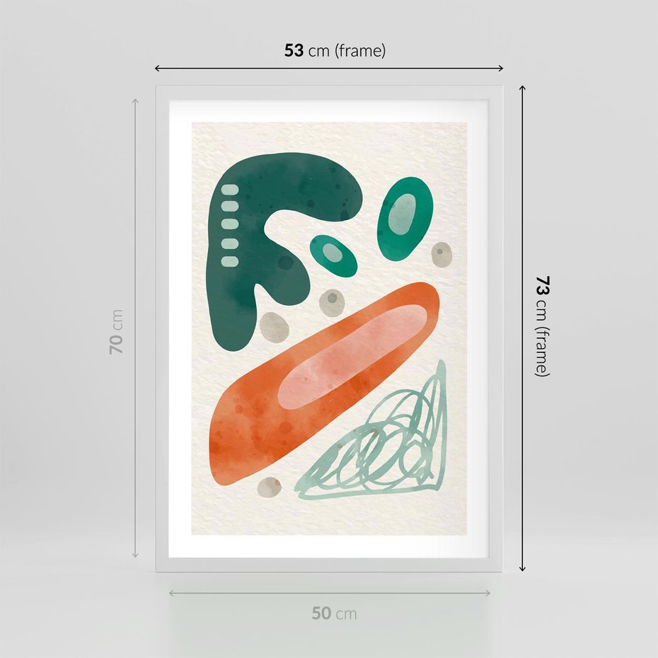 Plakat w ramie 50x70 - Podróżne Wizje - abstrakcyjne plamy, zielony - rama biała