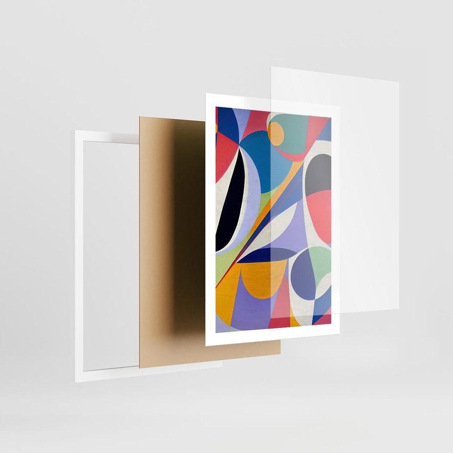 Plakat w ramie 50x70 - Kolorowe Przesunięcia Kształtów - abstrakcyjny obraz olejny, żywe kolory - rama biała