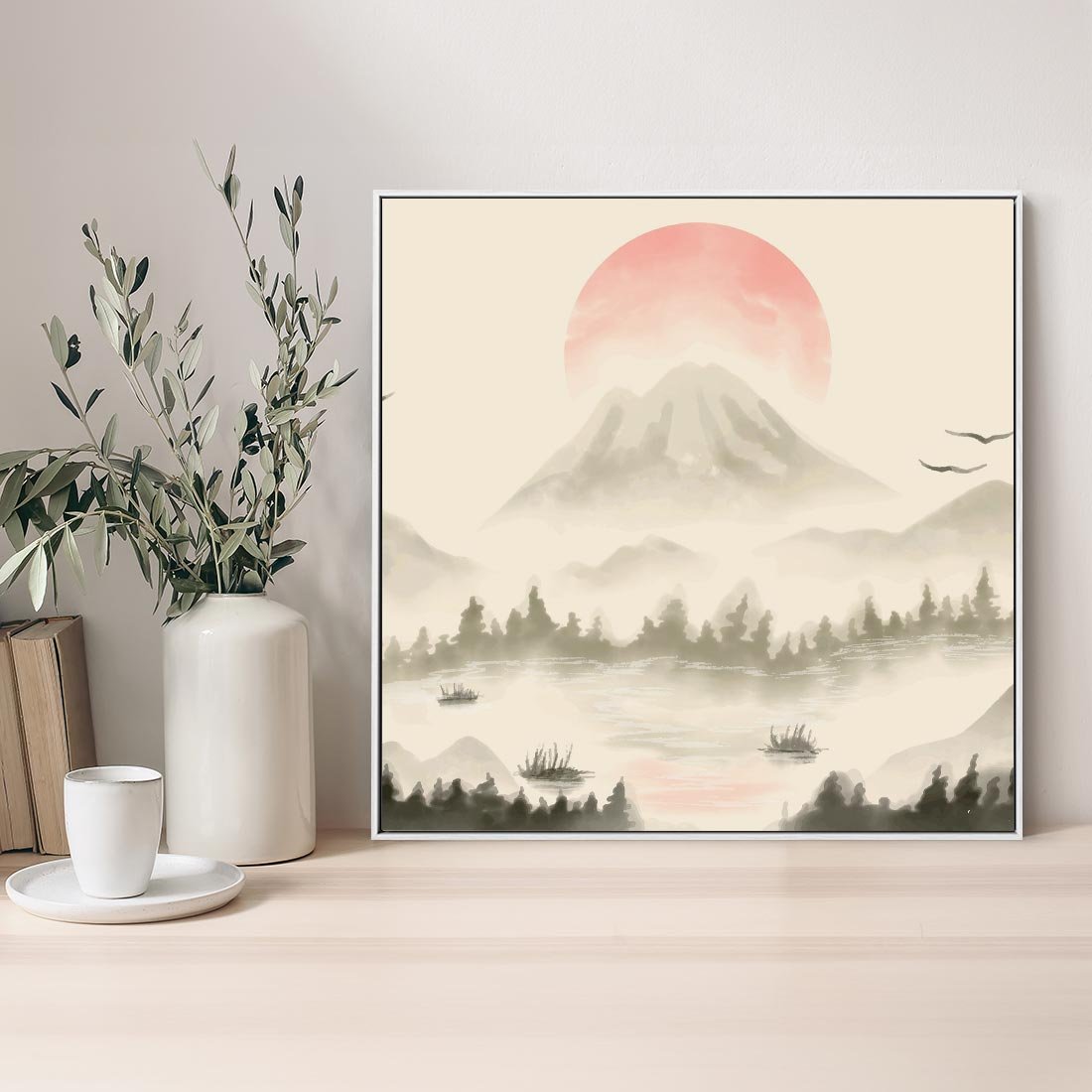 Obraz w ramie 50x50 - Przyroda Japonii - japońska akwarela, góry - rama biała