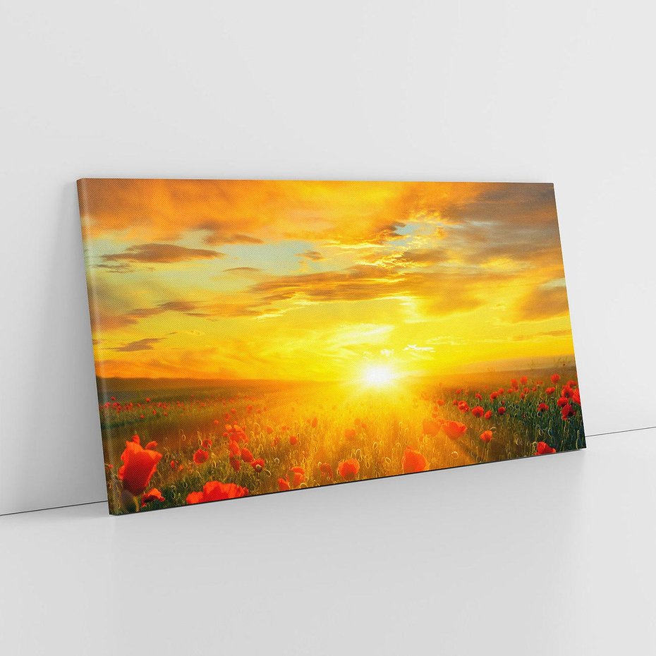 Obraz na płótnie 120x60 - Magia zachodu słońca na łące z makami - łąka, zachód słońca