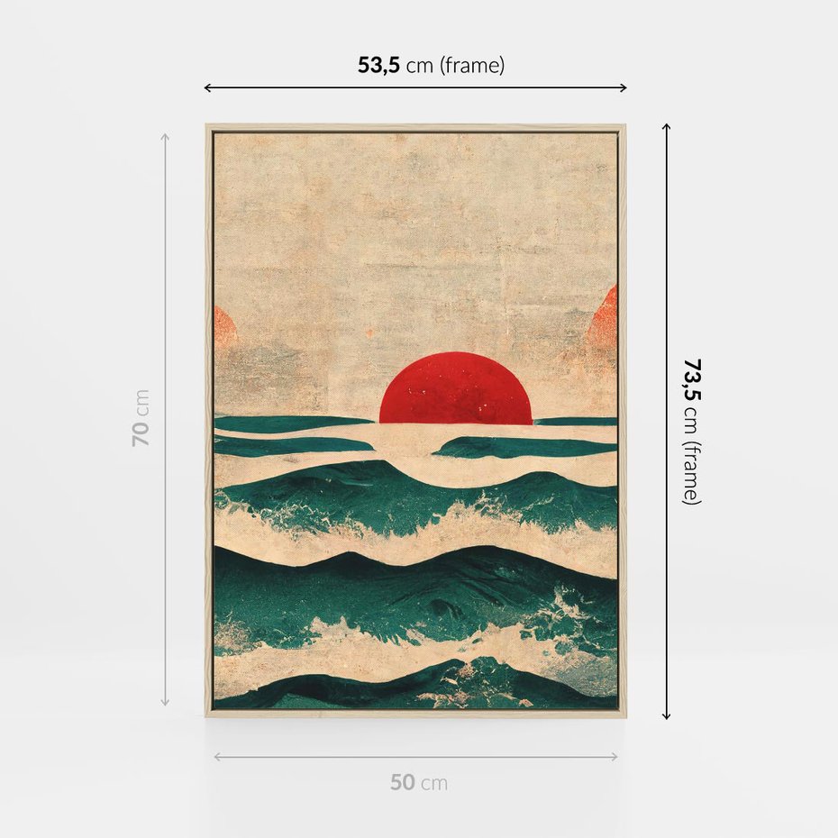 Obraz w ramie 50x70 - Czerwone Melodie - japońska sztuka, zachód słońca nad oceanem - rama drewno