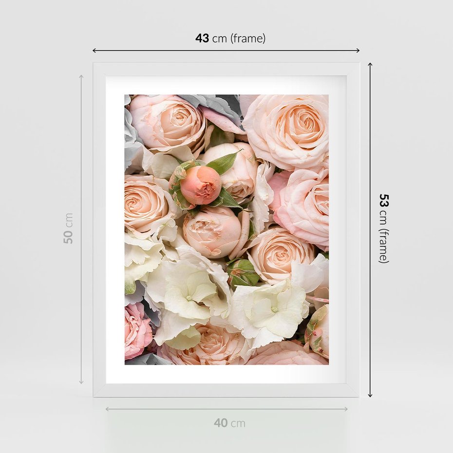 Plakat w ramie 40x50 - Kwiatowy Rarytas: Róże w Herbacianym Zbliżeniu - kwiaty, herbaciane - rama biała