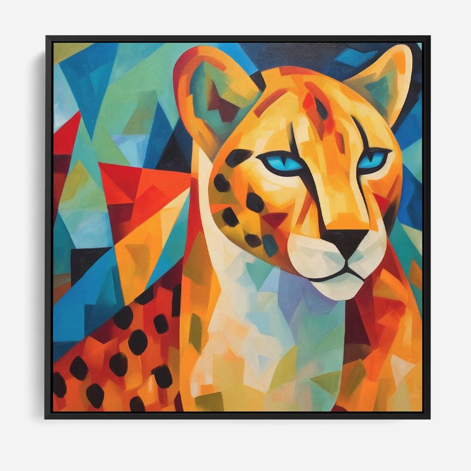 Obraz w ramie 50x50 - Dzikie Piękno - abstrakcyjny portret geparda, intensywne kolory - rama czarna