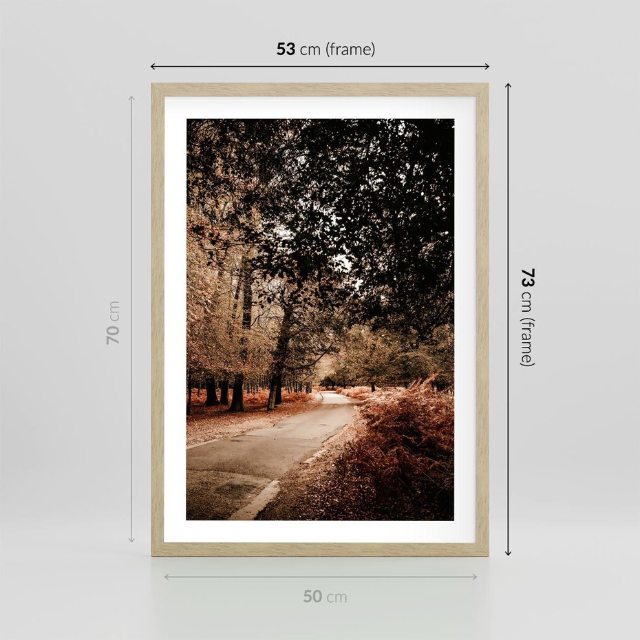 Plakat w ramie 50x70 - Magia Jesieni: Pejzaż Parku w Odcieniach Żółci - jesień, park - rama drewno