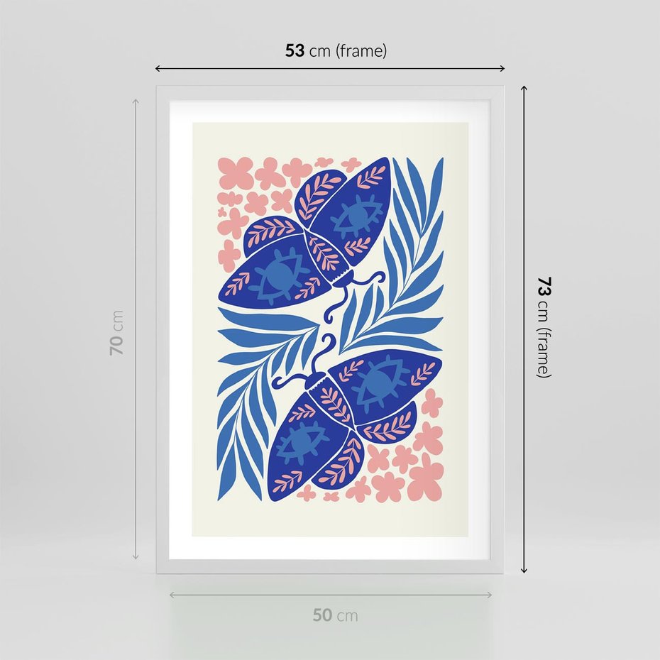 Plakat w ramie 50x70 - Migotliwa Rzeczywistość - ćmy, kwiaty - rama biała