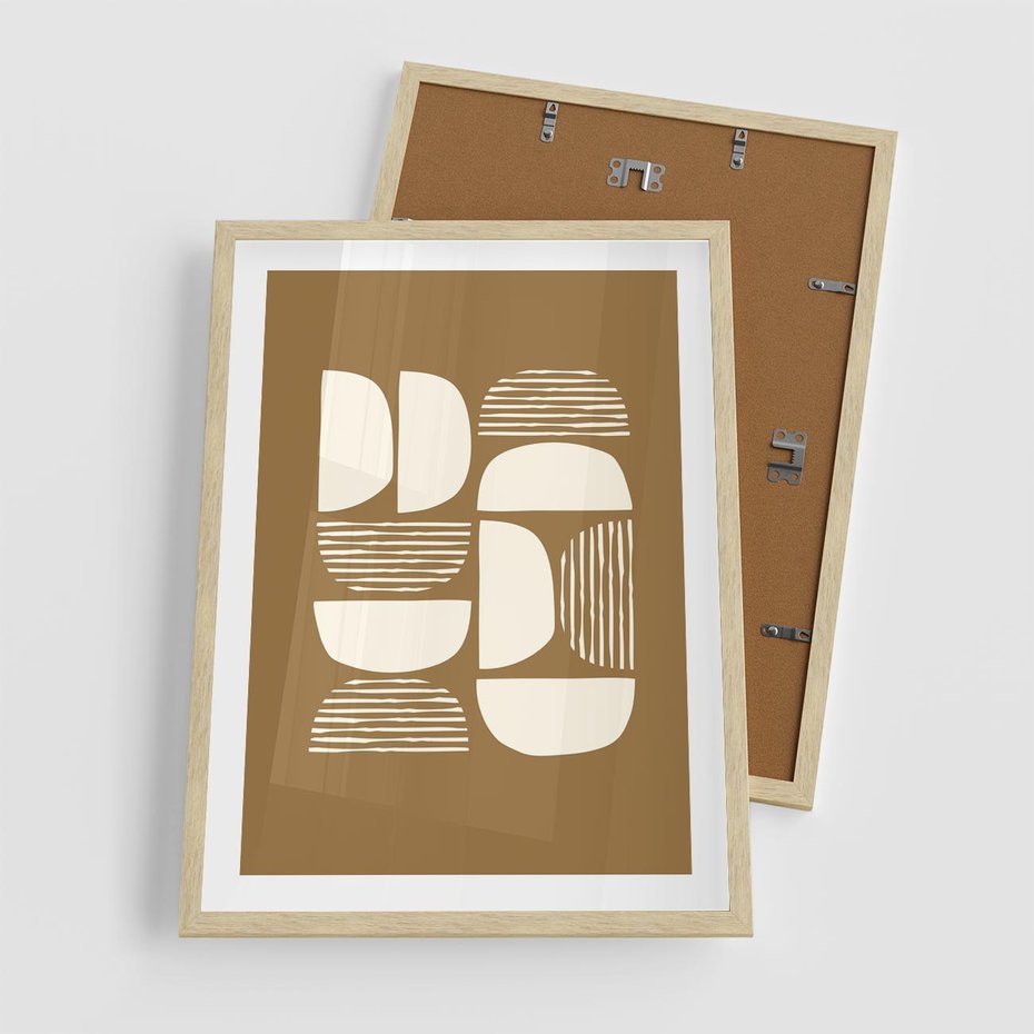 Plakat w ramie 50x70 - Wewnętrzne Spektrum - geometryczne boho kształty na brązowym, karmelowym tle - rama drewno