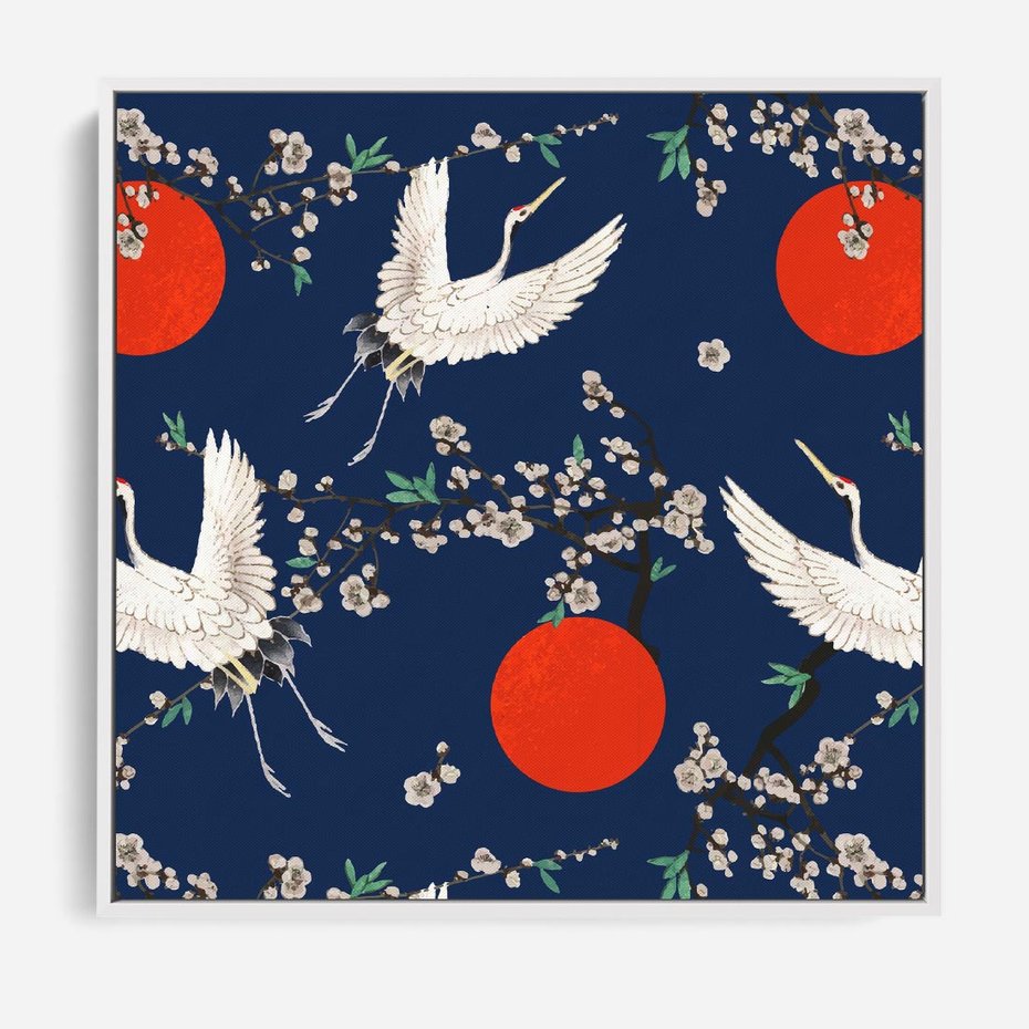Obraz w ramie 50x50 - Japońskie Żurawie Indygo - sztuka japońska, japonia - rama biała