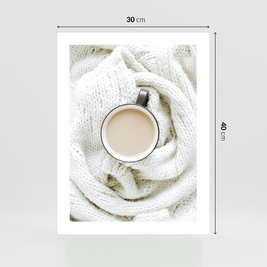 Plakat bez ramy 30x40 - Kawa na Wełnianym Kocu - kawa, biały wełniany koc