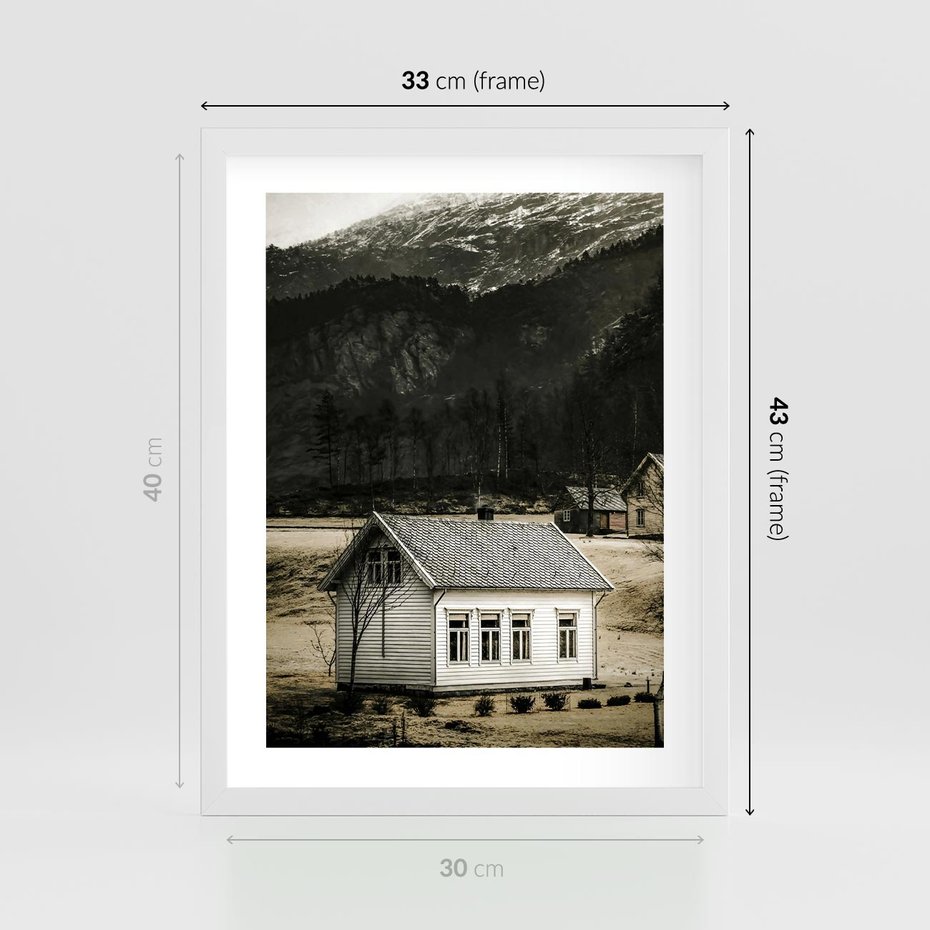 Plakat w ramie 30x40 - Ciepło i Urok Górskiego Domku - domek w górach, sepia - rama biała