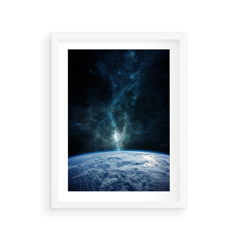 Plakat w ramie 30x40 - Wędrówka przez galaktyki - ziemia, kosmos - rama biała