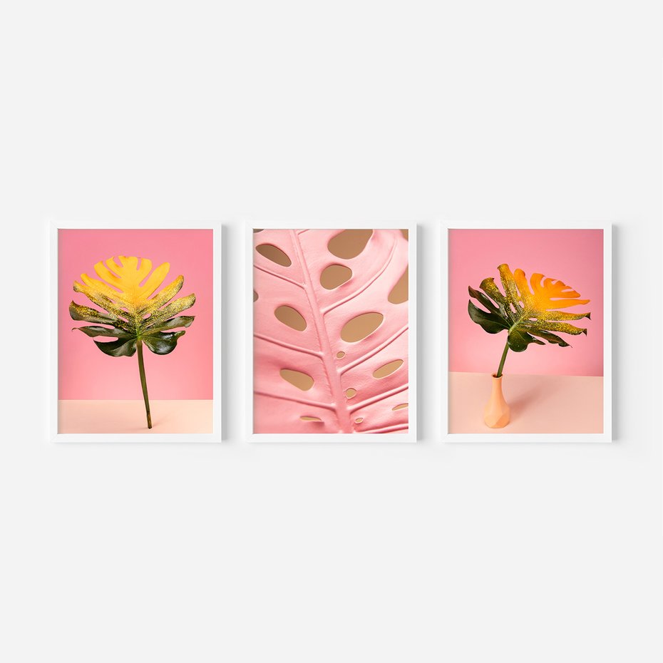 Zestaw obrazy w ramie 30x40 galeria - Monstera, liście, retro, pastele - rama biała