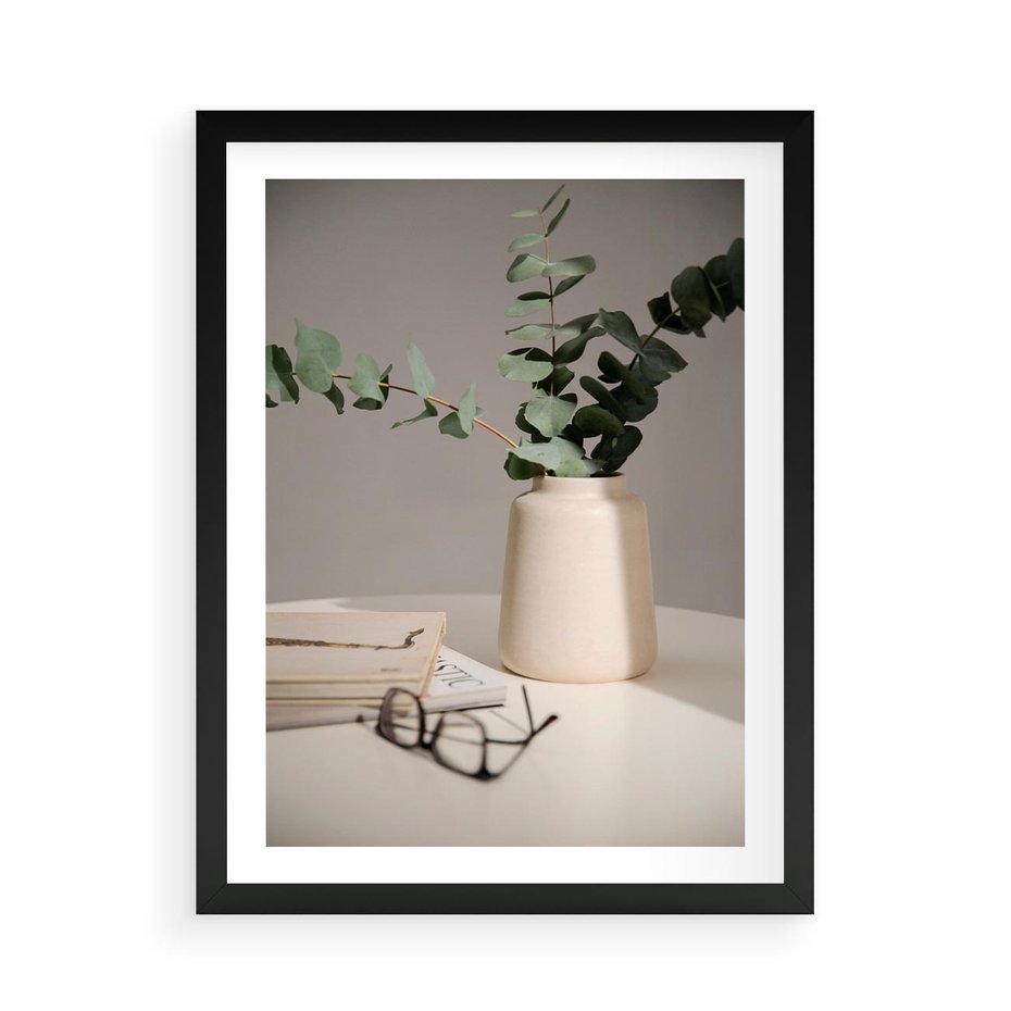 Plakat w ramie 50x70 - Eukaliptusowe liście w okularach - liście, eukaliptus - rama czarna