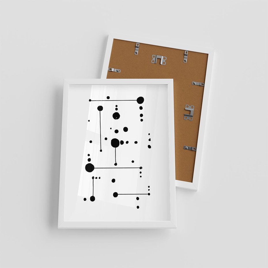 Plakat w ramie 30x40 - Nocne Zawirowania - abstrakcyjny plakat, czarne kropki i kreski - rama biała