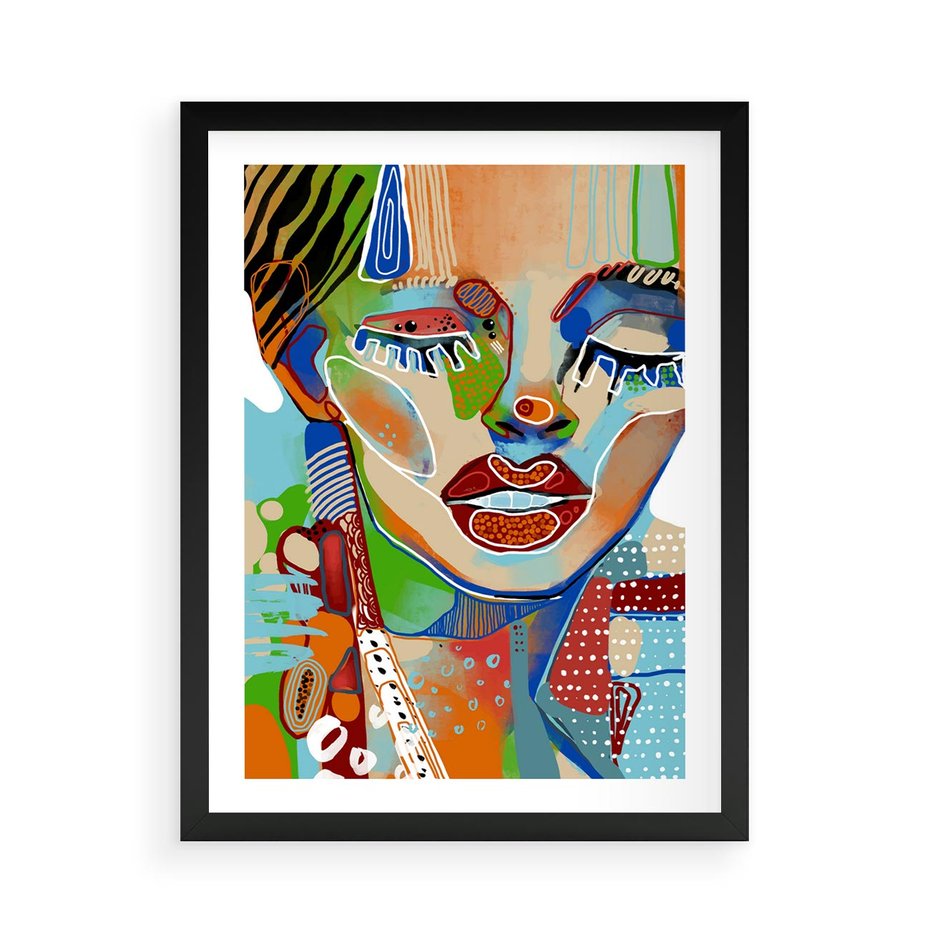 Plakat w ramie 50x70 - Kolorowe Formy - abstrakcyjny portret kobiety, twarz - rama czarna