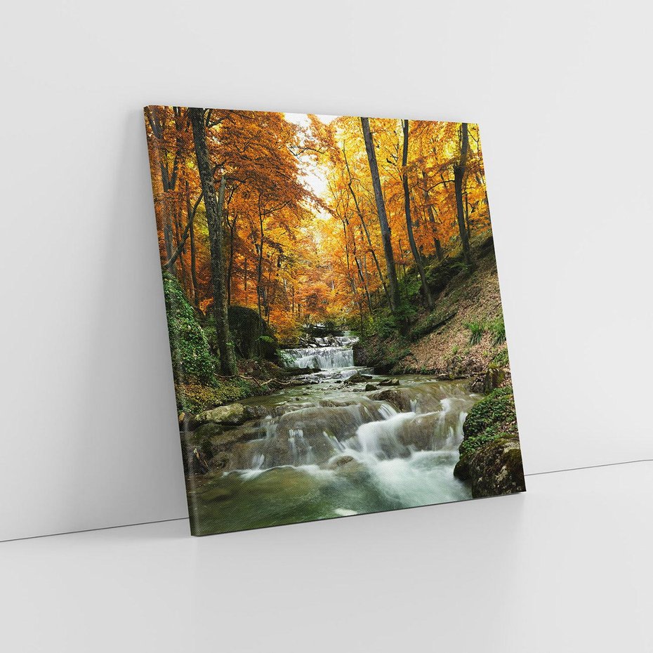 Obraz na płótnie 60x60 - Urok lasu: drzewa i strumyk w harmonii - las, drzewa