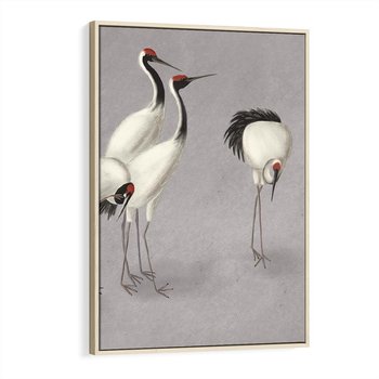 Obraz w ramie 70x100 - Spojrzenie wstecz w pędzlu - szkic rysunek, japońskie żurawie - rama drewno