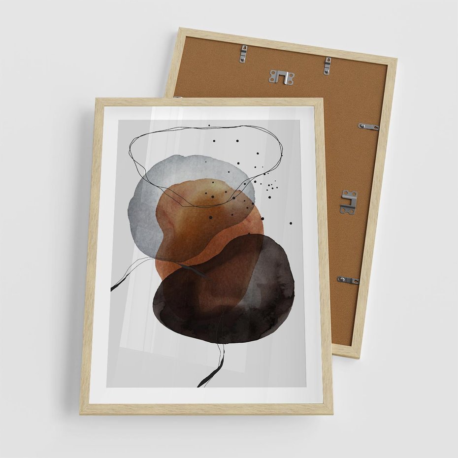 Plakat w ramie 50x70 - Kolorowe Wizje - abstrakcyjne plamy akwarelowe, czarny szkic - rama drewno