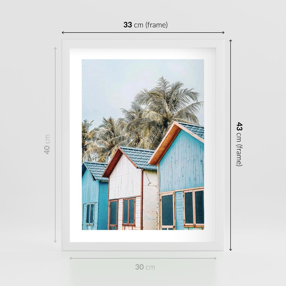 Plakat w ramie 30x40 - Rajskie Wakacje - domki na plaży, błękitne domki - rama biała