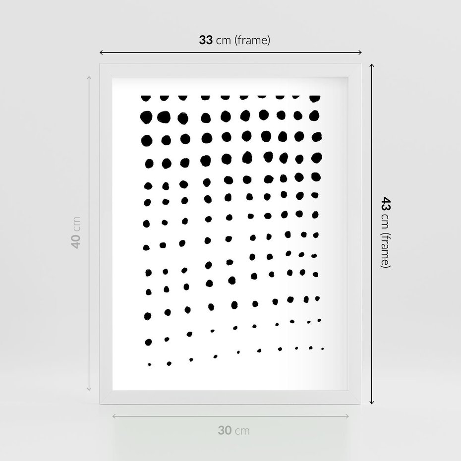 Plakat w ramie 30x40 - Abstrakcyjna Transformacja - abstrakcyjna kompozycja z czarnych kropek, minimalistyczny czarno bialy plakat - rama biała