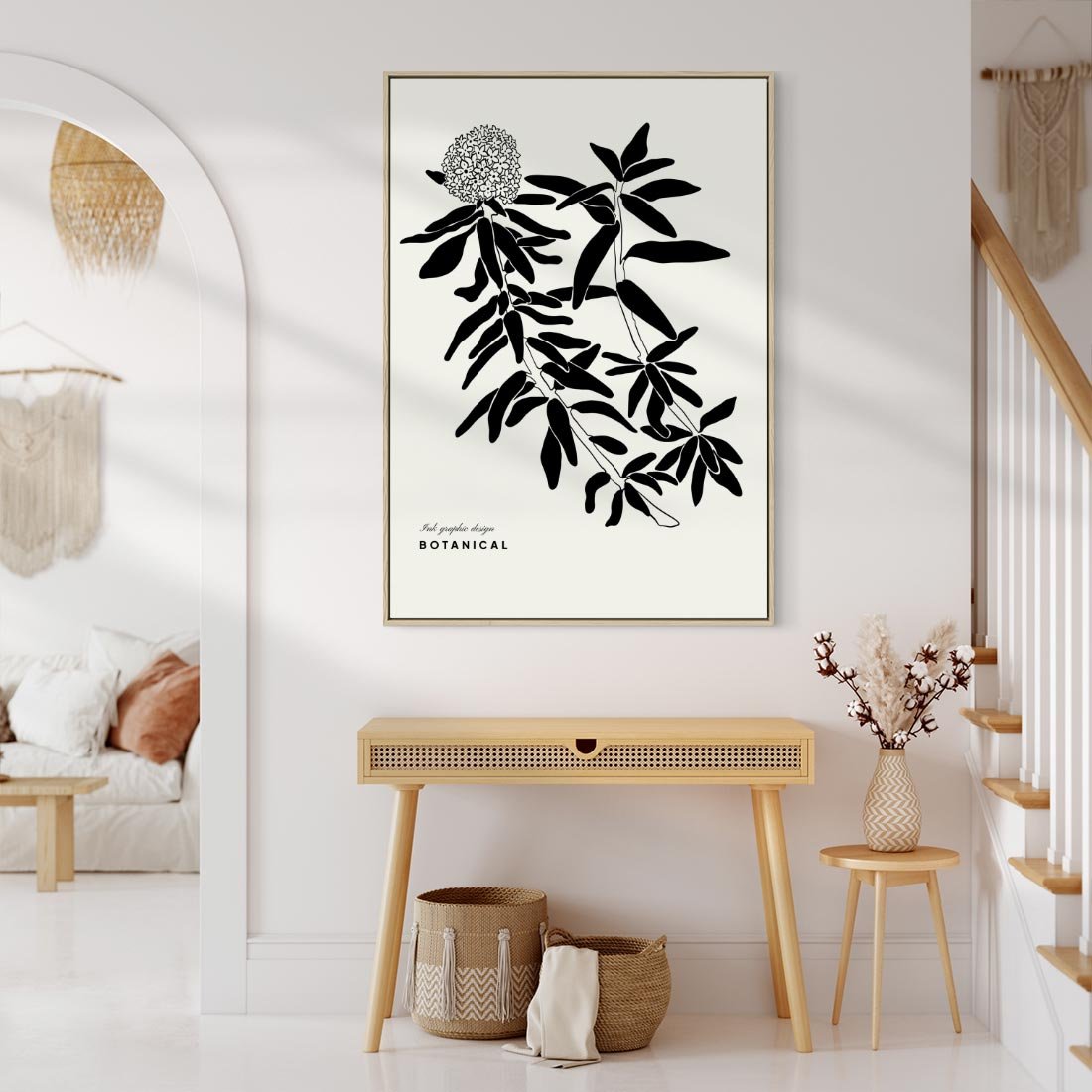 Obraz w ramie 80x120 - Szept kwiatowej wyobraźni - czarno biała grafika, roślinność - rama drewno