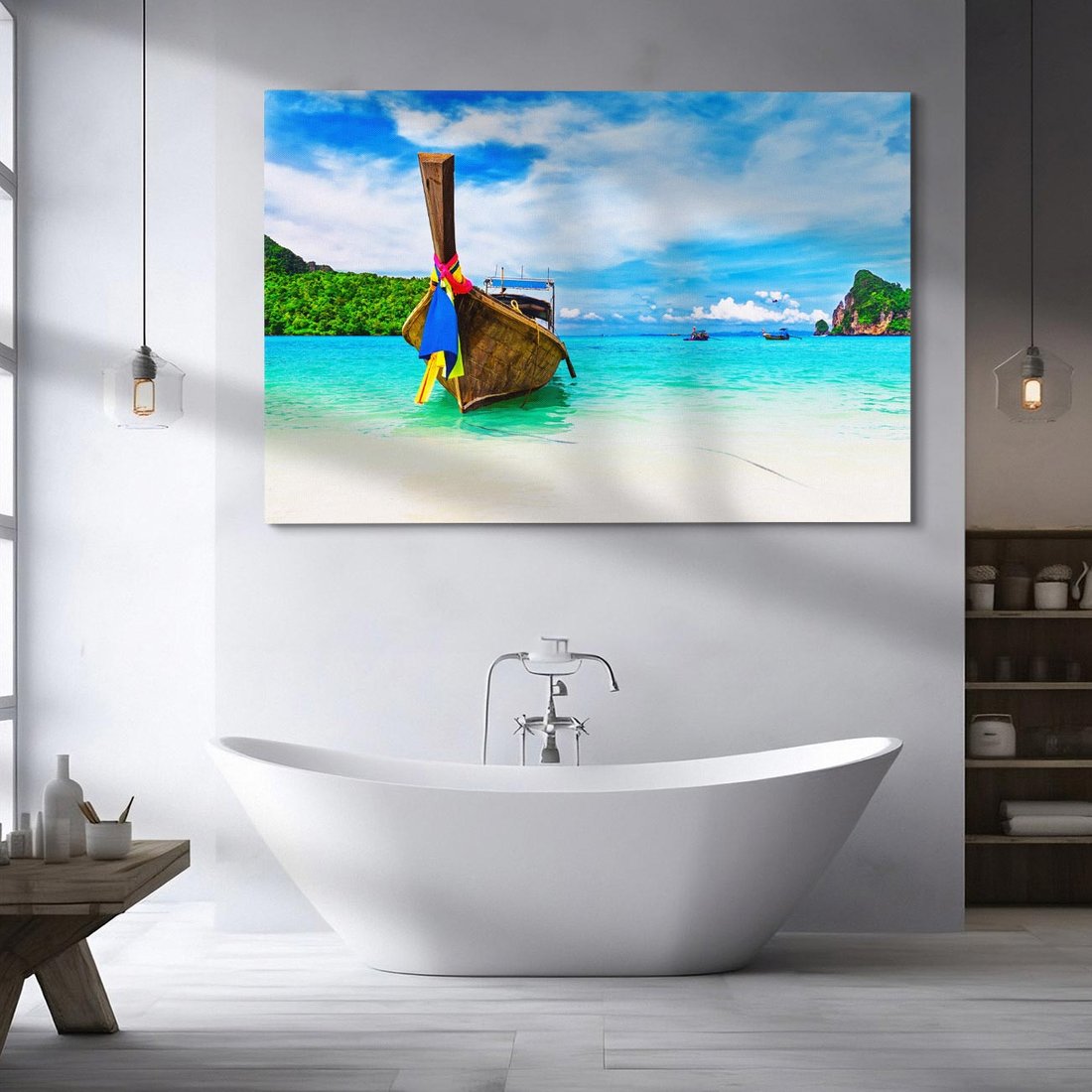 Obraz na płótnie 120x80 - Rajska Plaża Tajlandii: Spotkanie z Naturą - Tajlandia, łódź
