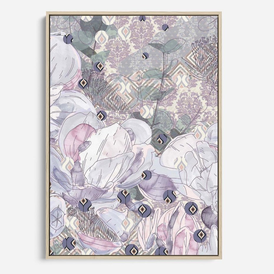 Obraz w ramie 80x120 - Malowane oddechy istnienia - pomieszane tekstury, kwiatowe elementy - rama drewno