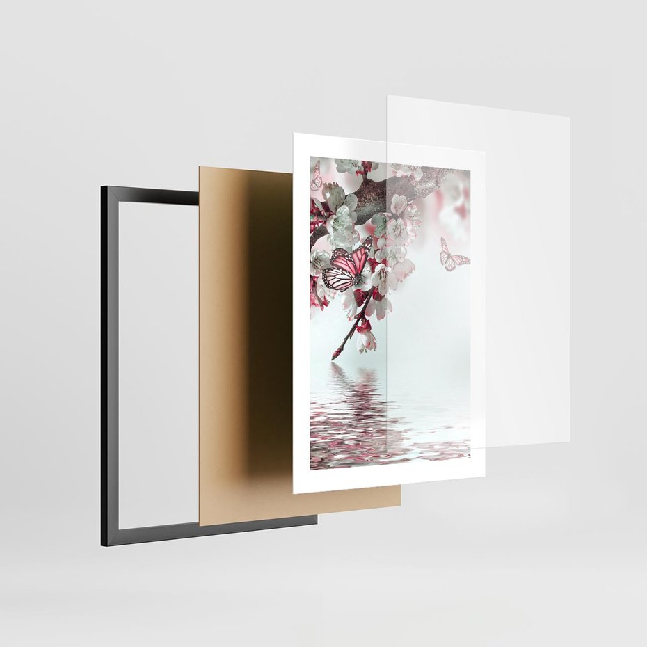 Plakat w ramie 30x40 - Kwiatowa baśń z motylami - kwiaty, motyle - rama czarna