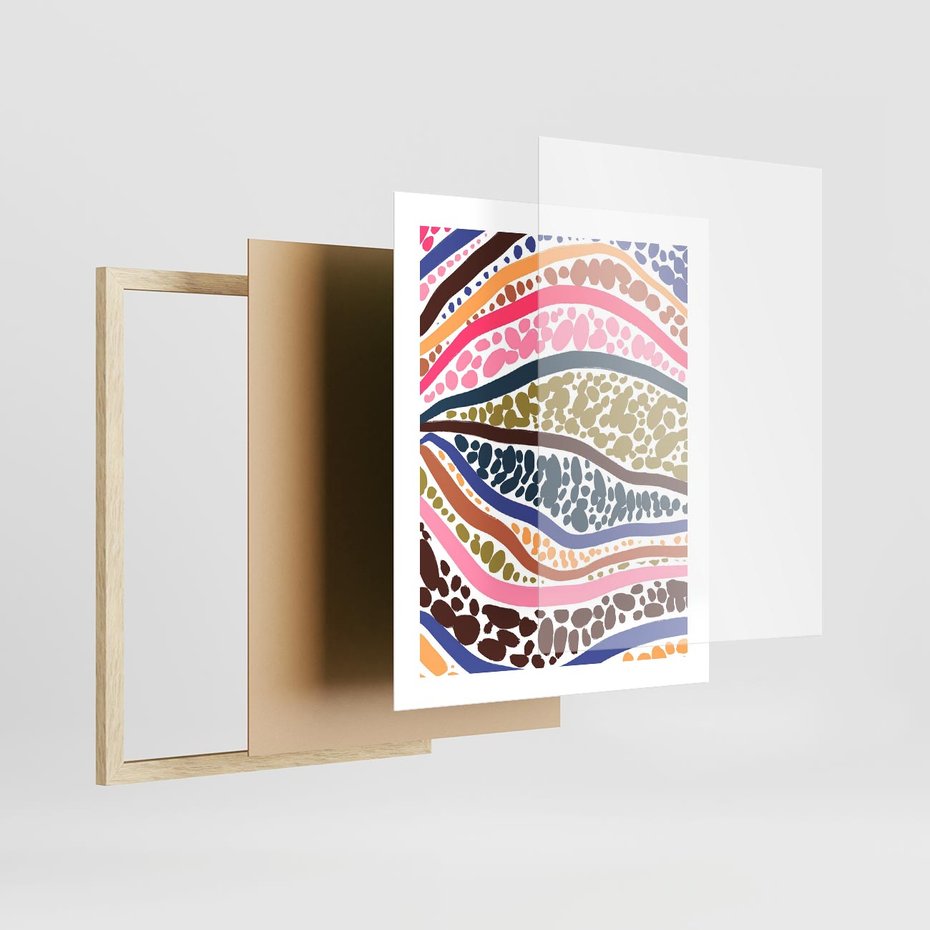 Plakat w ramie 40x50 - Wibracje Plam - kolorowe wzory, tęczowe żywe kolory - rama drewno