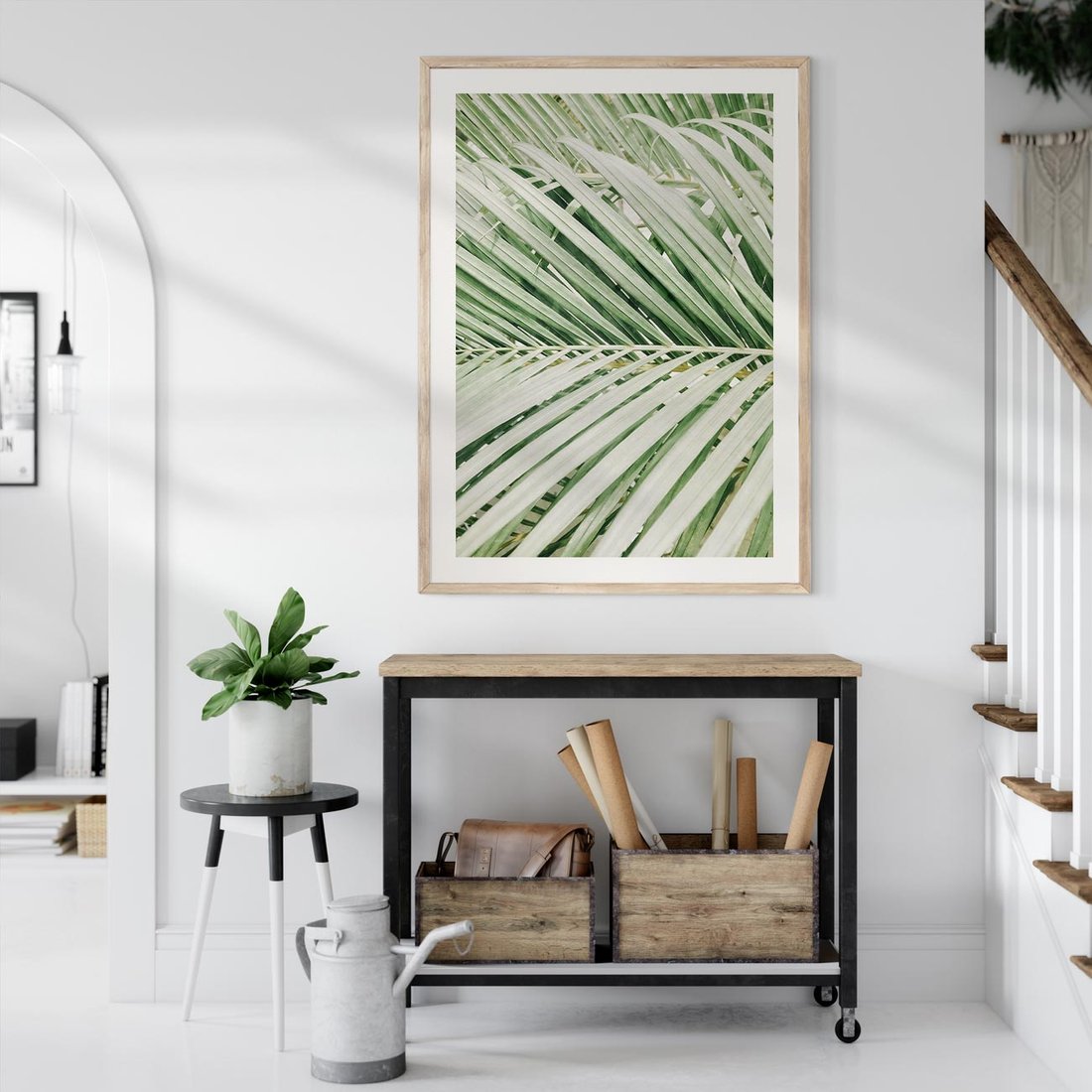 Plakat w ramie 30x40 - Liście Palmy: Egzotyczna Grafika - palma, liście palmy - rama drewno