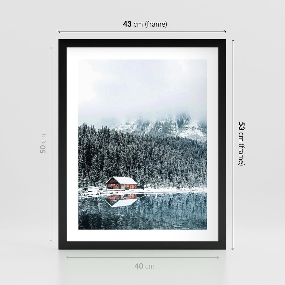 Plakat w ramie 40x50 - Biały Domek - domek w górach, zima - rama czarna