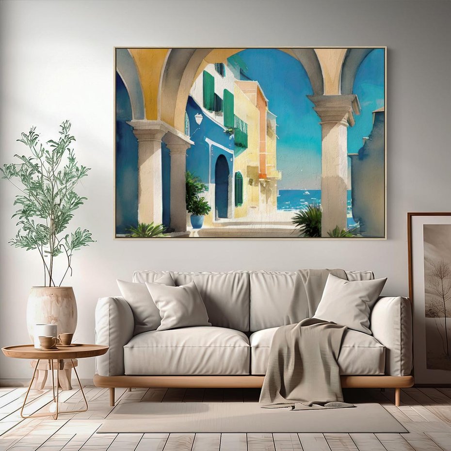 Obraz w ramie 70x50 - Nadmorskie Łuki - akwarela, śródziemnomorski klimat - rama drewno